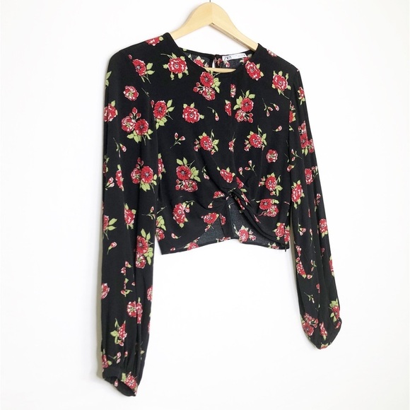 Zara cropped twist, not front long sleeved rose floral top - Picture 9 of 10